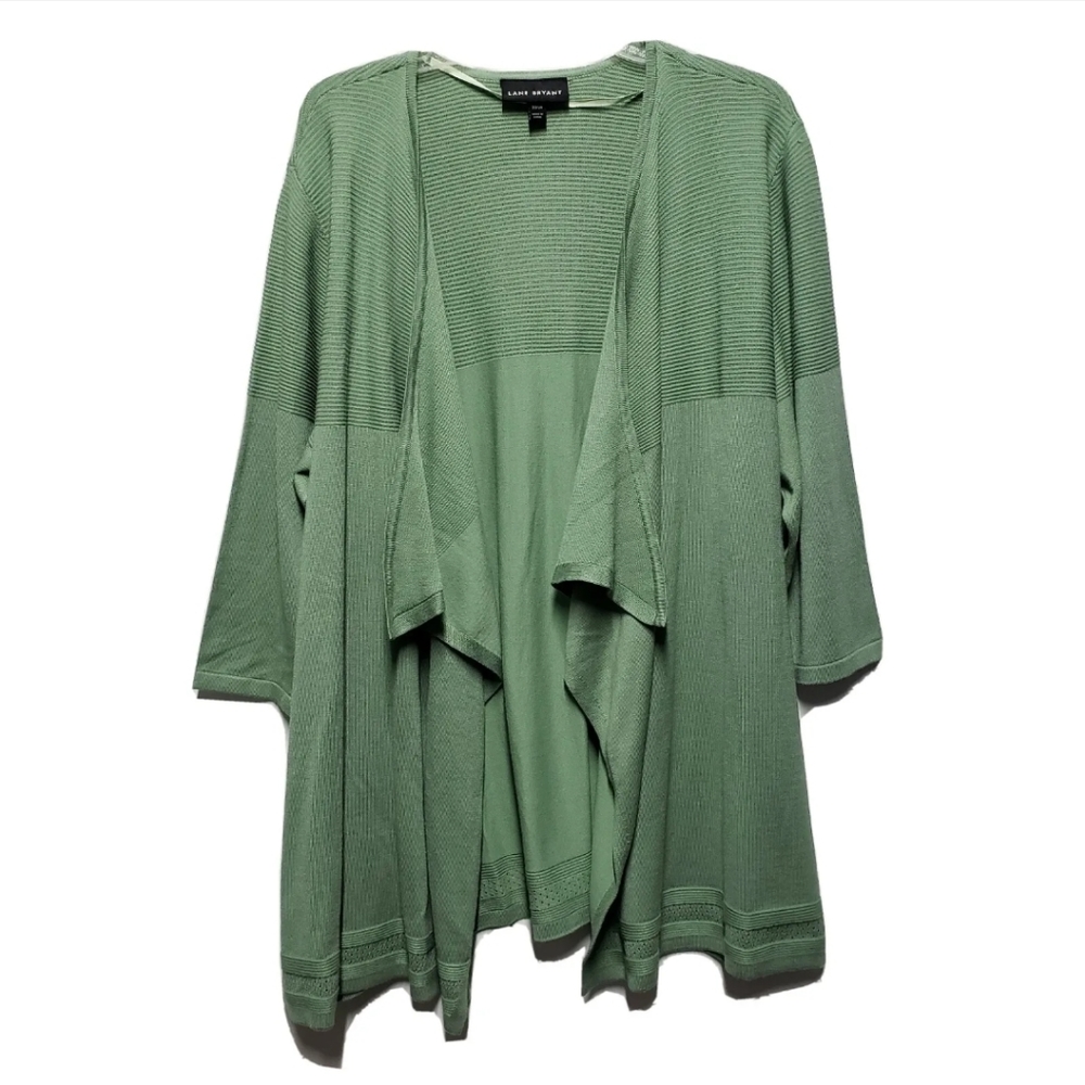 Lane Bryant Size 22/24 Open Cardigan Sweater Sage Green 3/4 Sleeve Ribbed